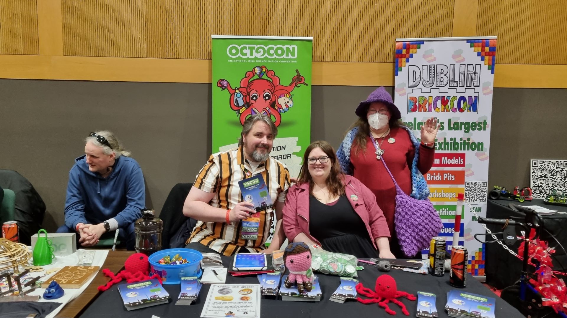 At the Octocon table: Declan, James, Kat, MaryBridgid and Octo are preparing for the panel